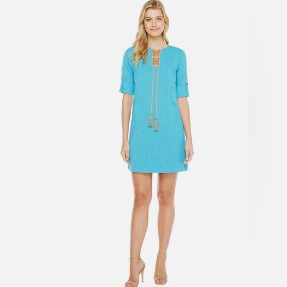 Tahari ASL bright turquoise woven gold hardware tasseled lace up bodice shift. 6 - Picture 2 of 9